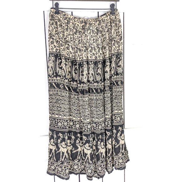 Vintage black beige floral Indian print boho crinkle gauzy stretch waist skirt - Picture 4 of 5